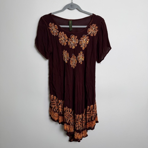Sunflower Tops - Sunflower Boho Embroidered Brown Orange Sequin Tunic Top Free Size Boho Hippie